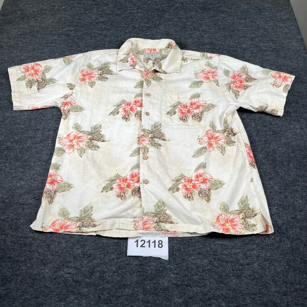 Clearwater Hawaii Shirt Mens XL Beige Aloha Floral Cotton Collared Button Up
